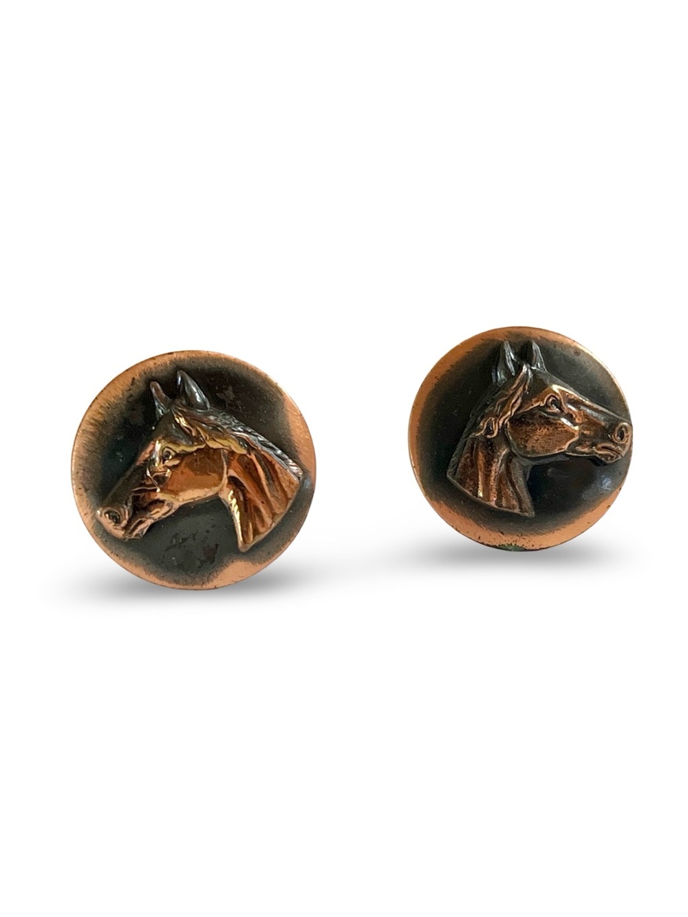 Vintage 1950s Solid Copper Horse Head Medallion Clip On Earrings Mid Century